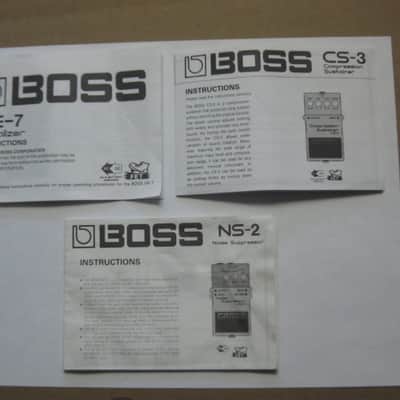 Boss original INSTRUCTIONS for GE-7, CS-3, and NS-2 (NO pedals, NO boxes, NO other items) 2010s (copyright years, 2010, 2015, and 2016) - white matte paper - black print, black graphic image 1
