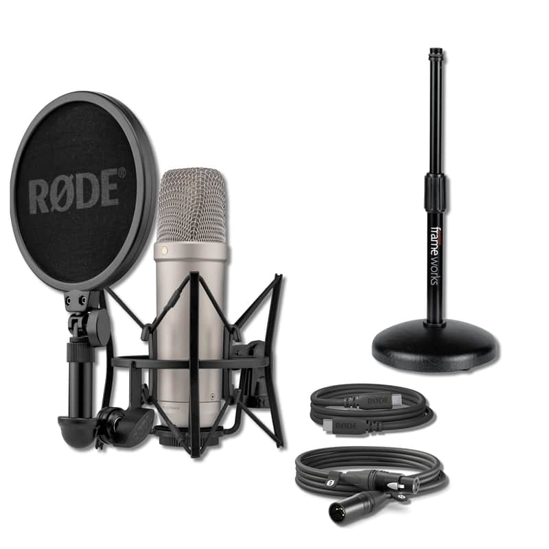 Rode NT1 5th Generation Condenser Microphone (Silver) with GFW-MIC-0501 Round Base Desktop Mic Stand image 1