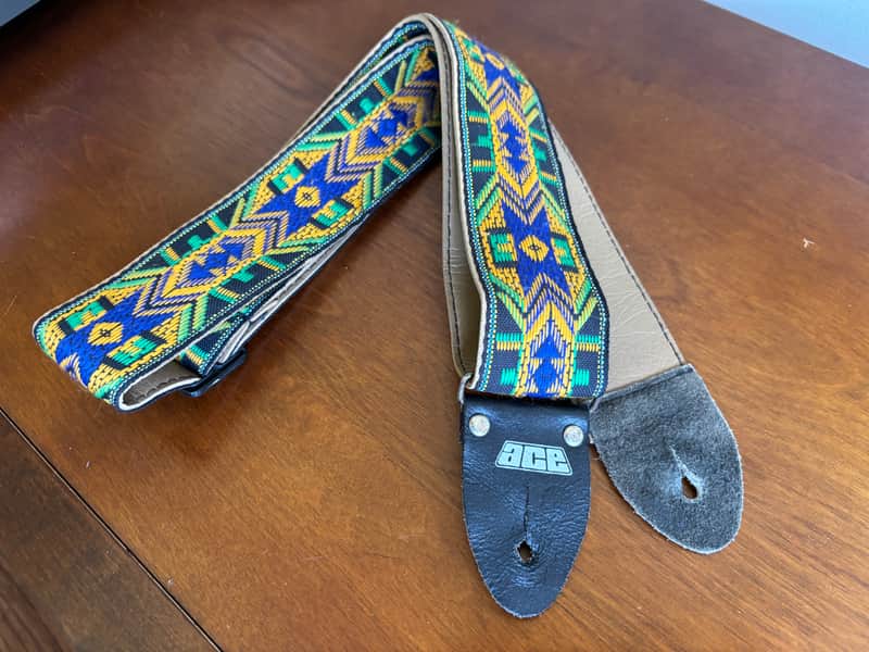 Vintage 1960s 1970s Ace Guitar Strap God's Eye Hippie Blue Green Yellow Black image 1