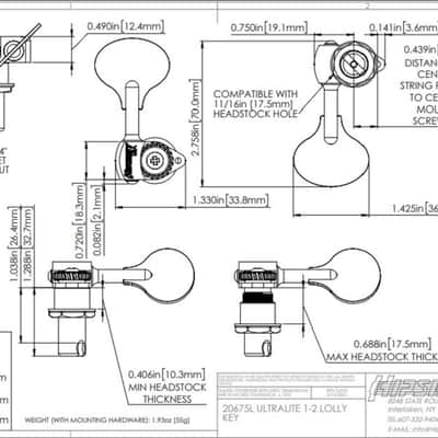 Hipshot Ultralite USA HB6L Lollipop 1/2 Nickel - Single Bass tuner, treble side image 3