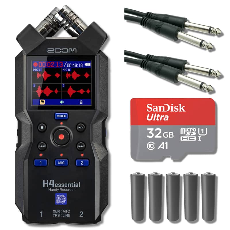 Zoom H4essential 4-Track 32-Bit Float Portable Audio Recorder with 32GB microSD Card, 25' Instrument Cables and AA Batteries image 1