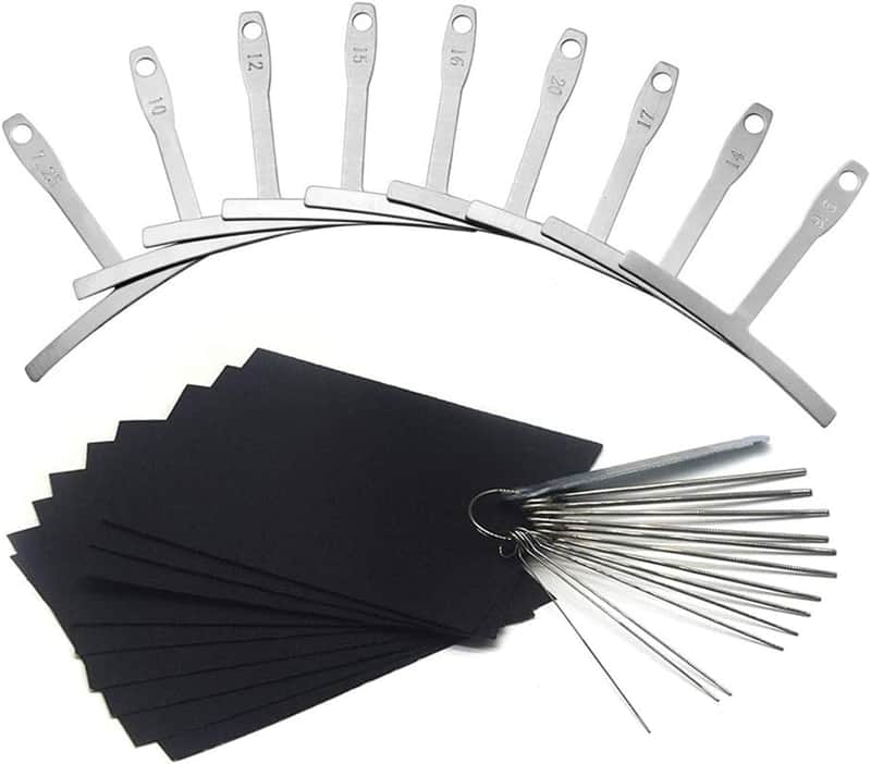 Guitar Luthier Tool Set Include 13 Stainless Steel Guitar Bridge Saddle Nut Files, 9 Understring Radius Gauge Luthier Tools and 9 Sheet Sandpaper for Guitar and Bass Setup image 1