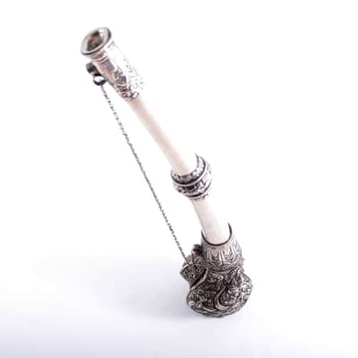 Antique Tibetan Ceremonial Hand Carved Silver Trumpet - Buddhist - Mus. Instrument - Monastery Religious Horn - Artifact - Bone Kangling - Shaman - Nepal image 15