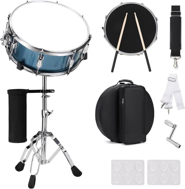 Snare Drum Set, 14" x 5.5" Marching Snare Drum with Stand & Bag | Silent Mute Pad + Drums Sticks + Drumstick Holder + Drums Key + Damper Gels for Adults (Blue) image 1