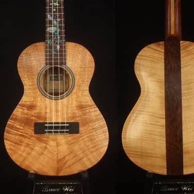 Handmade Tenor Ukulele, Solid Curly Hawaiian Koa, Curly Maple Arch-Back, MOP Floral Inlay, Bruce Wei UAG17-2016 image 1