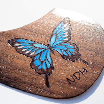 Burny Black left handed guitar pickguard - butterfly blue/walnut made to order - Urethane image 5