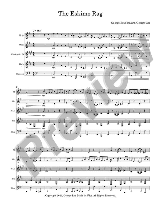 Wind Quintet Sheet Music - The Eskimo Rag (George Botsford).   Arranged for wind quintet.  Full Score and Parts. image 1