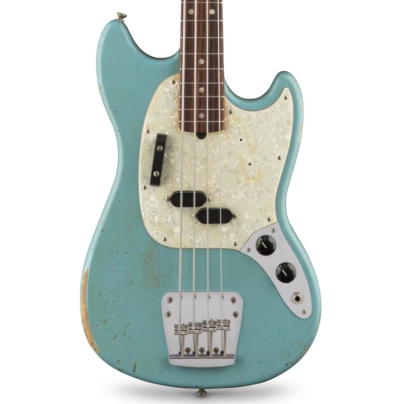 Fender Justin Meldal-Johnson Road Worn Mustang Electric Bass (with Gig Bag), Daphne Blue image 1