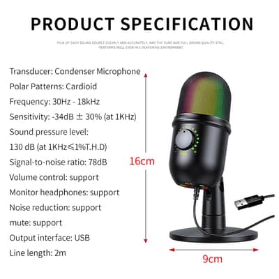 USB Condenser Microphone RGB Vocals Streams Mic Recording Studio Micro for PC YouTube Video Gaming Mikrofo/Microfon image 5