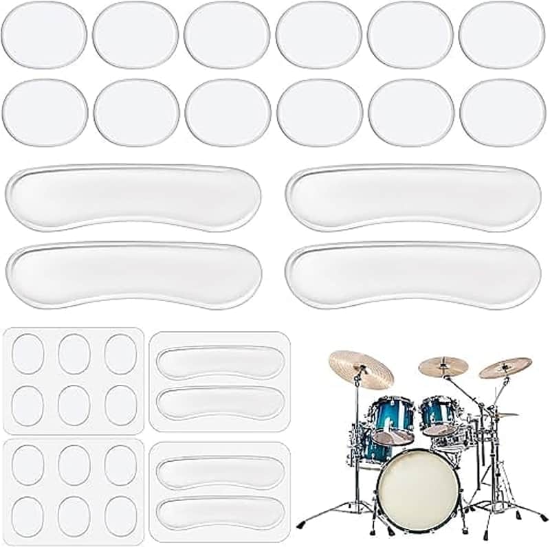 Drum Dampeners Gel Pads, 12 Pcs Round Silicone Drum Silencers and 4 Pcs Long Clear Soft Drum Dampening Gel Pads Transparent Drum Mute Pads for Drums Tone Control image 1