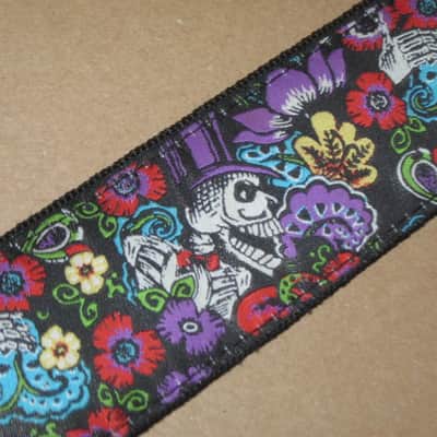 lightly used Perri's 2" Floral Skulls Jacquard Guitar Strap, TWS-7274, Floral Skulls High Quality Jacquard Ribbon Sewn on Tubular Webbing with Leather Ends, Adjustable length 39" to 58" (from early 2020s) image 2