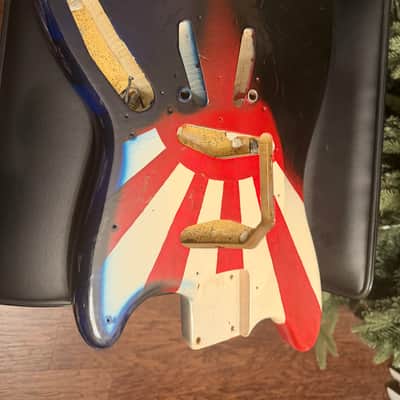 1965 Fender Mustang Vintage Original Japanese Flag Refin Over Olympic White Rising Sun Electric Guitar Body w/ Pickguard image 3