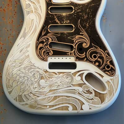 White Fender Strat Guitar Body Custom Laser Engraved Copper Mirror Pickguard with Tremolo Cover HSH, HSS, SSS Setup Available image 1