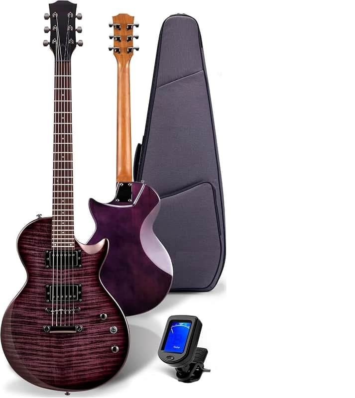 Electric Guitar Kit Roasted Maple Neck, Dual Humbucker Pickups, Luminous Position Markers, Flame Maple Graphic Top, Beginner Guitar with Gig Bag, Strap, Picks, Lesson Book, Violet Venom image 1