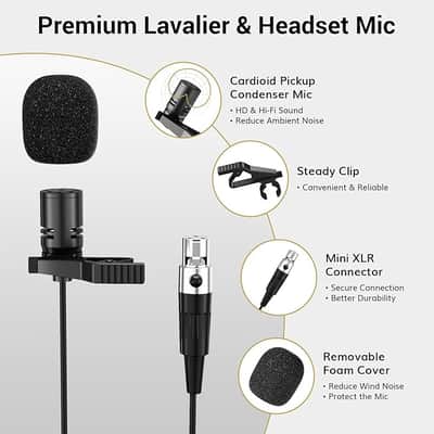 UHF Wireless Microphone System with Dual Headset Microphones/Lavalier Lapel Mics, Bodypack Transmitters, Mini Rechargeable Receiver, 2x15 Channels 200ft Range, for Recording Speech PA Speaker image 5