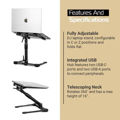 Mint Headliner Gigastand USB+, Adjustable DJ Laptop Stand with Integrated USB-C Hub - Steel & Aluminum Construction, Foldable Design, Telescoping Neck - Perfect for DJs, Musicians, and Creators image 4