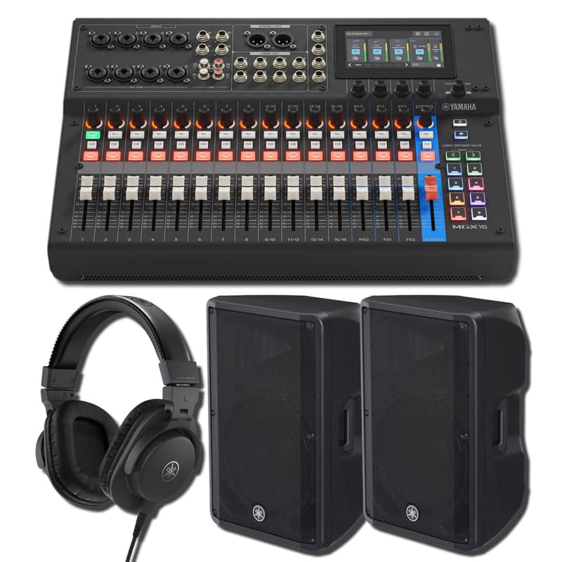 Yamaha MGX16 B 22-Channel Digital Mixing Console 15-Inch Monitoring PA Bundle with 2x DBR15 15-Inch 1,000W Powered Loudspeakers and HPH-MT5 Closed-Back Studio Monitor Headphones image 1