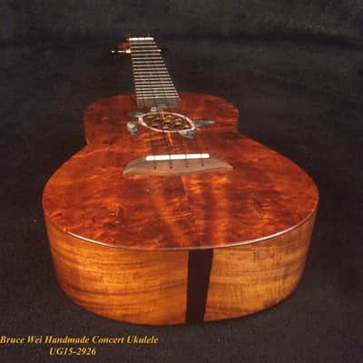 Handcrafted Concert Ukulele, Solid Curly Hawaiian Koa, Turtle, Koi Fish Inlay, Soft-bag, Bruce Wei UG15-2926 image 8