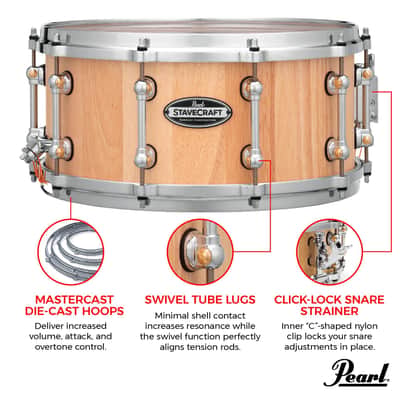 Pearl StaveCraft 14"x6.5" Maximum Volume Snare Drum with 20mm Thai Oak shell, Makha DadoLoc and MasterCast Die-Cast Hoops in Hand-Rubbed Natural Satin Finish image 2