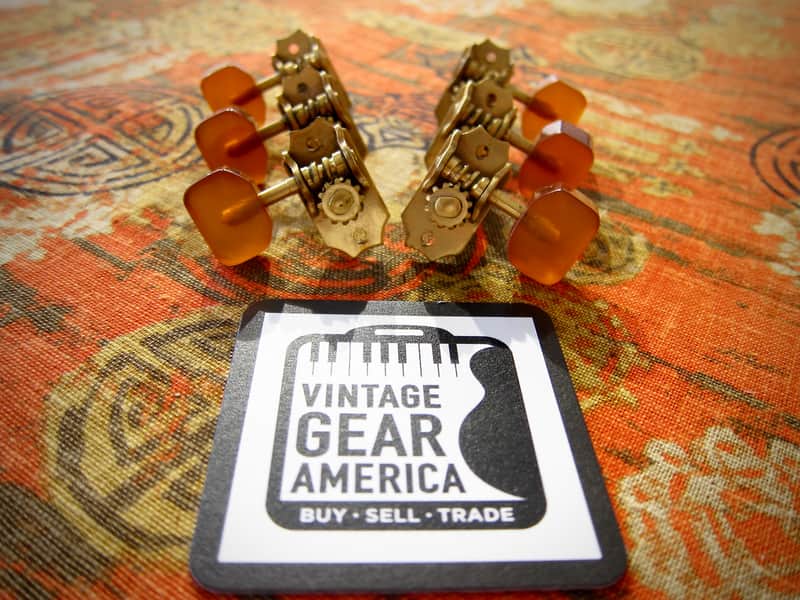 1930s-1940s Kluson Tuners for Gibson Vega Kay Archtop Jazz Guitar Gold with Amber Buttons Authentic Vintage image 1