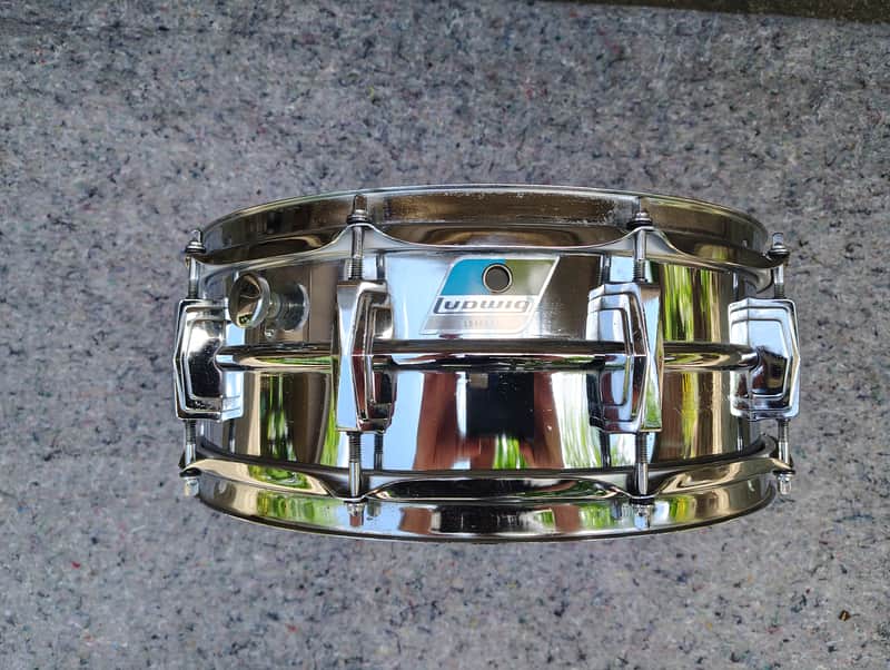 Ludwig No. 400 Supraphonic 5x14" 10-Lug Aluminum Snare Drum with Pointed Blue/Olive Badge 1969 - 1979 - Chrome-Plated image 1