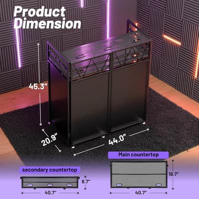 DJ Booth Stand Portable - DJ Table Facade for Laptop Double Top Storage Height Adjustable with Black & White Scrims DJ Stand Foldable with Storage Bag, Cable Holes, 40.7" L x 19.7" W, Black image 2