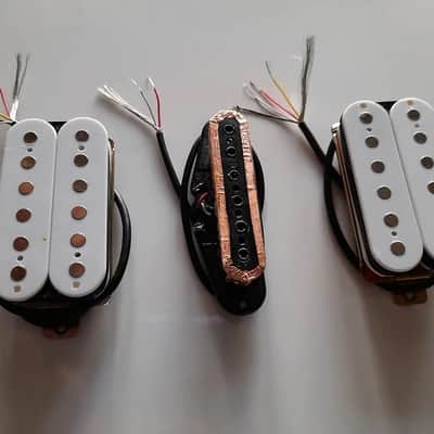 Handmade prewired HSH Neodymium Strat pickguard with HB split switch TR BL and mid PU cutoff switch image 14