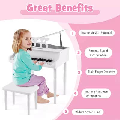 Classic 30-Key Baby Grand Piano Toy for Toddlers | Elegant Wooden Piano with Bench | Perfect Birthday Gift for Children Ages 3-8 (White) image 4