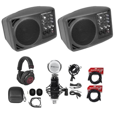 (2) Mackie SRM150 Powered PA Monitor Speakers+Headphones+Studio Mic+XLR Cables image 12