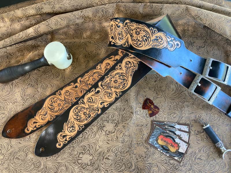 Custom Tooled Leather Sheridan Style Floral Guitar Strap 2.5" SuedeSkinTools image 1
