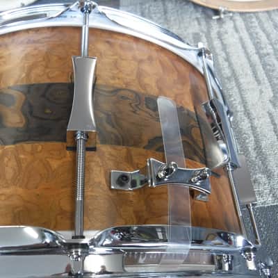 Pork Pie USA Custom 8x14" Maple Snare-Exotic Sapele With Burl Walnut Stripe image 6