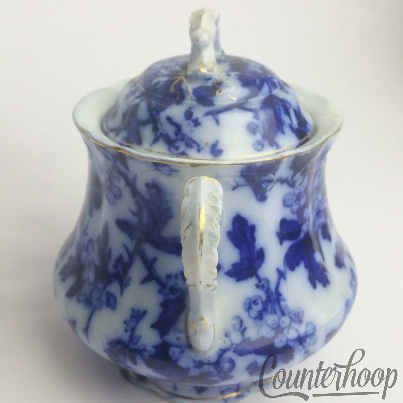 Mercer Flow Blue+Gold Sugar Bowl Semi-Viterous/Vitreous 1890s American China USA — main photograph
