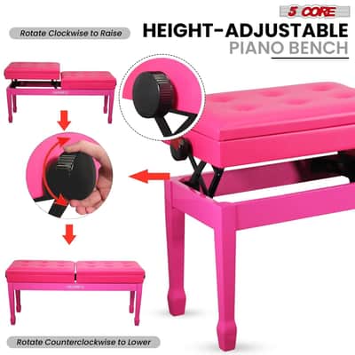 5 Core Duet Piano Bench 3.5 Inch Padded Cushioned Stool Wooden Heavy Duty Musician Chair Height Adjustable Double Keyboard Seat w Storage Nonslip Cherry - PNB DT CHERRY-Cherry image 6