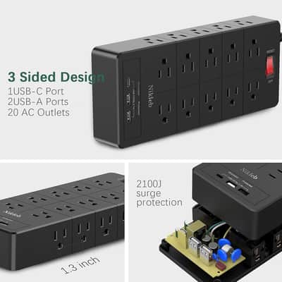 23 in 1, 20 Outlets Surge Protector Wall Mount with 2 USB Ports + 1 USB C Port 3.1A Total, Multi Plug Extension Cord 6ft Heavy Duty, Office Desk Accessories for Studio image 2