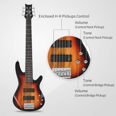 Glarry Full Size GIB 6 String H-H Pickup Electric Bass Guitar Bag Strap Pick Connector Wrench Tool 2020s - Sunset Color image 12