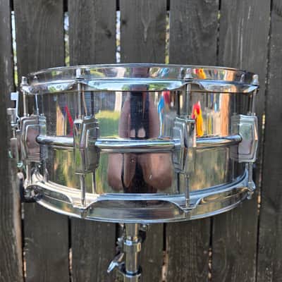 Ludwig No. 402 Supraphonic 6.5x14" 10-Lug Aluminum Snare Drum with Rounded Blue/Olive Badge 1979 - 1984 - Chrome-Plated image 6