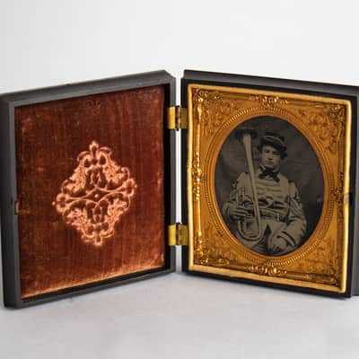 Ambrotype of  a Militia Regimental Band Musician with an "Over-The-Shoulder" Horn 1850s image 1