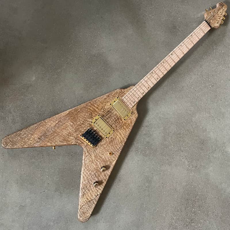 Bridge Builder Guitars Static Y Flying V style guitar, Figured