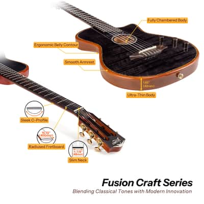 Bromo BEN2C Electric Nylon String Guitar, Thinline Fully Chambered Semi-Hollow Body Slim Neck Dual Pickup Stage Live Performance Fusion Classical Guitar with Hard Case (Transparent Black) image 5