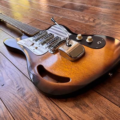Vintage 1960s Teisco TG-64 Electric Guitar Monkey Grip Tobacco Burst Offset Tremolo MIJ Japan w/ OHSC image 5
