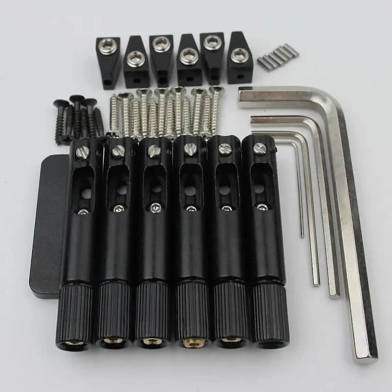 Black 6 String Headless Fanned Fret Guitar Brass Fixed Bridge Set image 1
