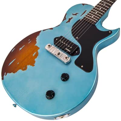 Vintage V120 ICON Electric Guitar ~ Distressed Gun Hill Blue Over Sunburst image 4