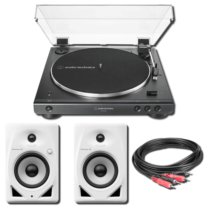 Audio-Technica AT-LP60XBT-BK Bluetooth Belt-Drive Turntable with Pioneer DJ DM-50D-W 5-Inch Powered Monitors and 13-Foot Stereo RCA Cable image 1