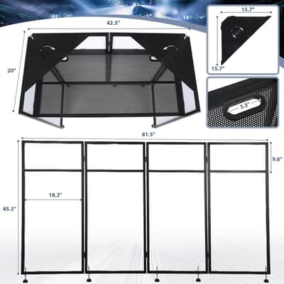 Portable DJ Booth 20"x42.5"x45.3" with Dual Top Corners, DJ Facade Booth with Cable Hole, DJ Table Stand with Light Strip and Remote Control, Metal Frame + Black & White Scrims + Carry Bag image 2