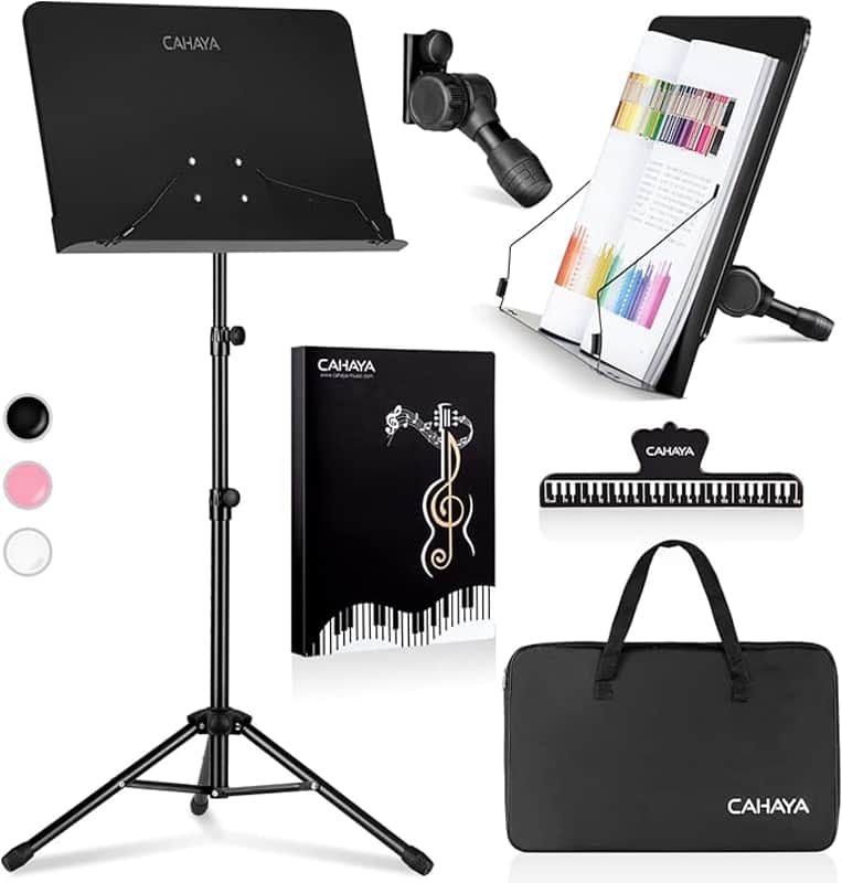5 in 1 Dual-use Sheet Music Stand & Desktop Book Stand Metal Portable Solid Back Height Adjustable from 31.4-57in with Book Stand Support, Carrying Bag, Sheet Music Folder and Clip image 1