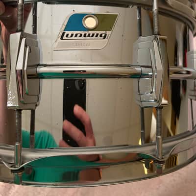 Ludwig No. 402 Supraphonic 6.5x14" 10-Lug Aluminum Snare Drum with Pointed Blue/Olive Badge 1969 - 1979 - Chrome-Plated image 18