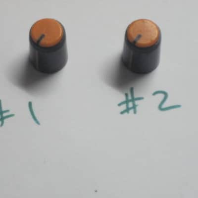 two used genuine Boss DF-2 KNOB, fits split shaft shaft (stem) mid 1980s/early 1990s - TOP: orange with black marker // SIDES: black // hard plastic (NO: pedal/other items) TOP side: some short scratches & few nicks / BLACK areas: few scratches image 1