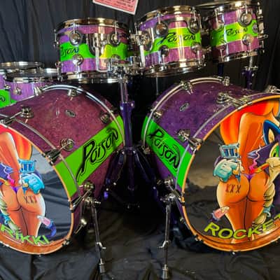 Rikki Rocket's Poison, 2018 Nothing But a Good Time Tour DW Cherry Mahogany 8-Piece Drum Set, Custom Poison Graphic, Autographed!! image 17