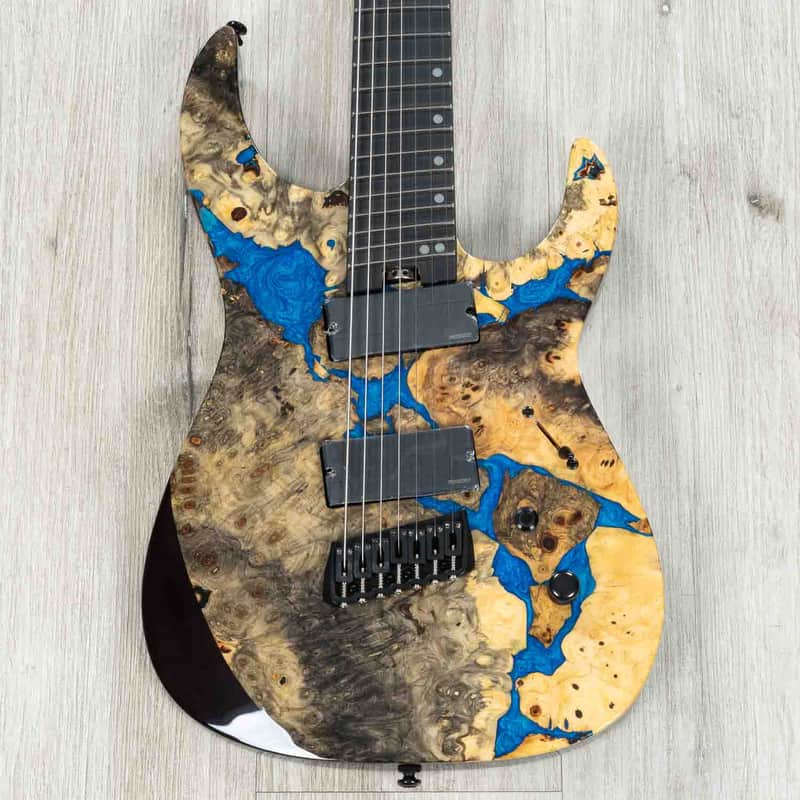 Legator Ninja X7F Multi-Scale 7-String Guitar, California Buckeye Burl, Fishman Set, Caribbean Blue image 1