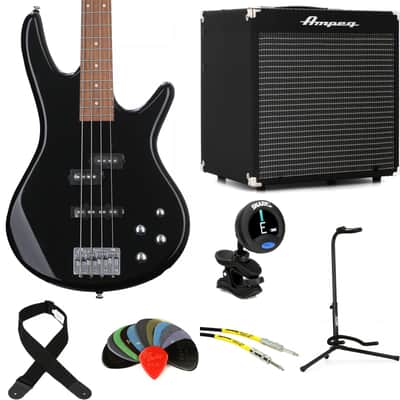 Ibanez Gio GSR200BK Bass Guitar and Ampeg Rocket Amp Essentials Bundle - Black image 1